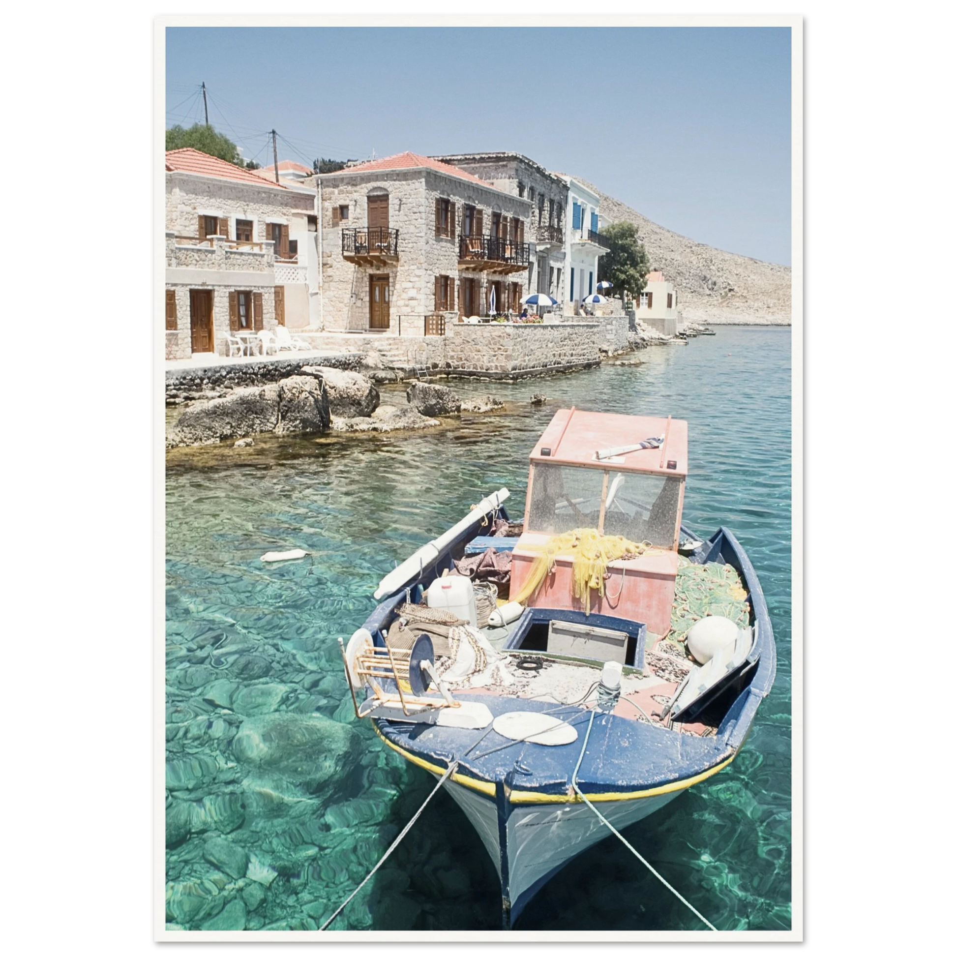 Shores of Crete Fishing Boat Poster 70x100 cm 28x40″ Border