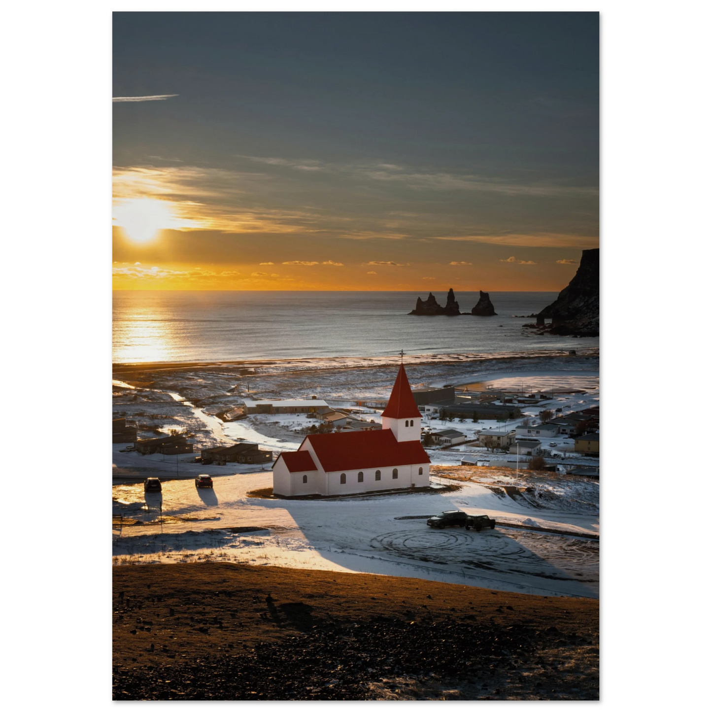 Vík í Mýrdal Red Roof Church Iceland Poster 21x29.7 cm 8x12" No Border