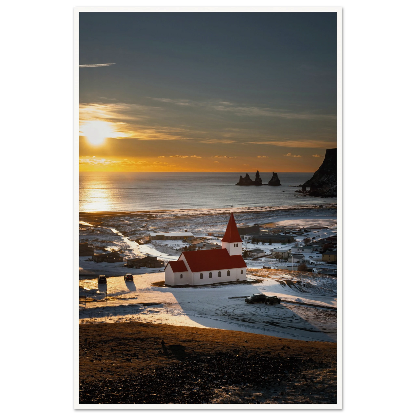 Vík í Mýrdal Red Roof Church Iceland Poster 60x90 cm 24x36″ Border