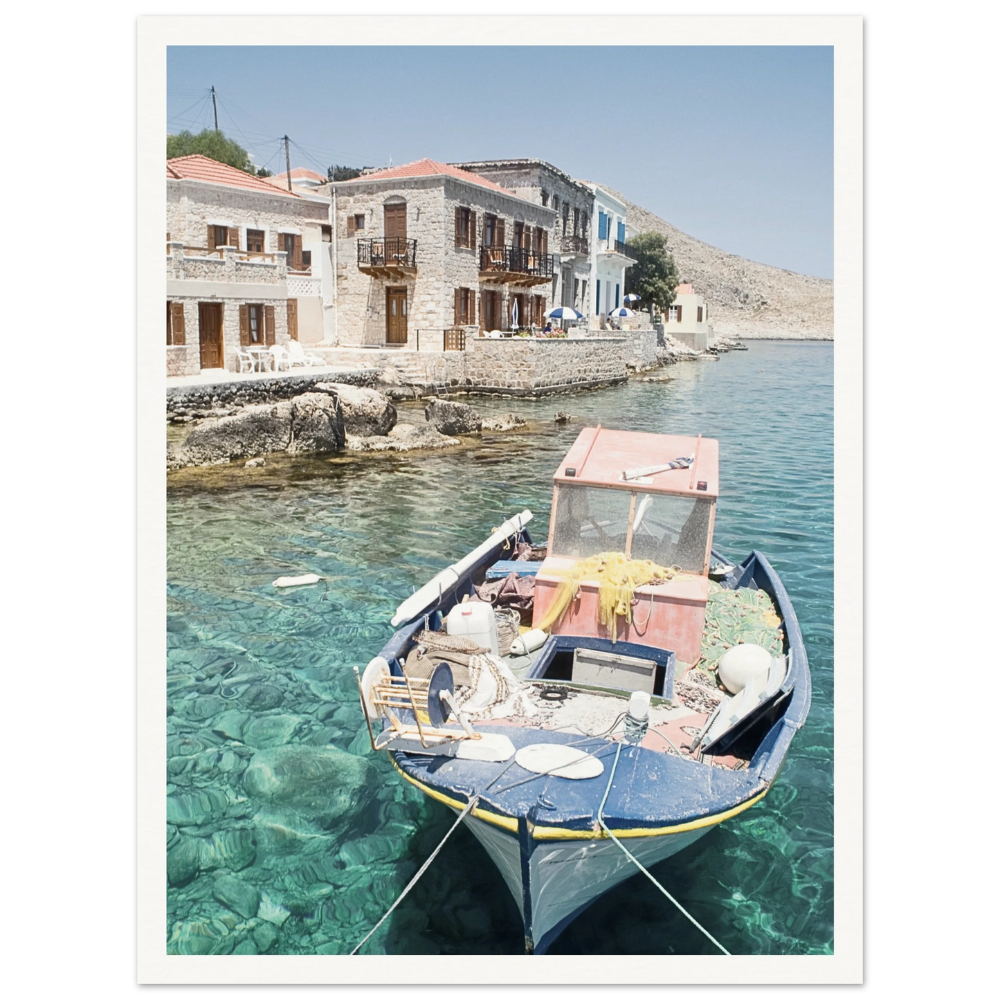 Shores of Crete Fishing Boat Poster 30x40 cm 12x16″ Border