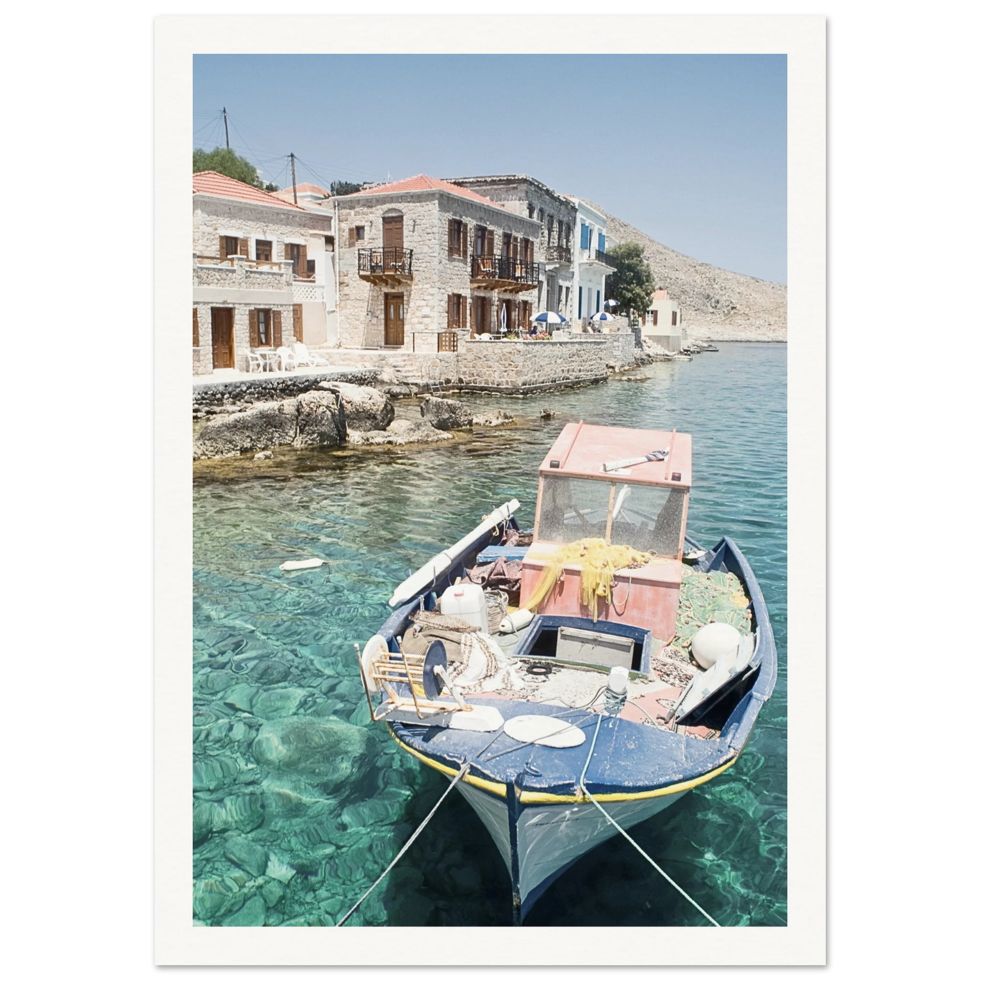 Shores of Crete Fishing Boat Poster 21x29.7 cm 8x12" Border