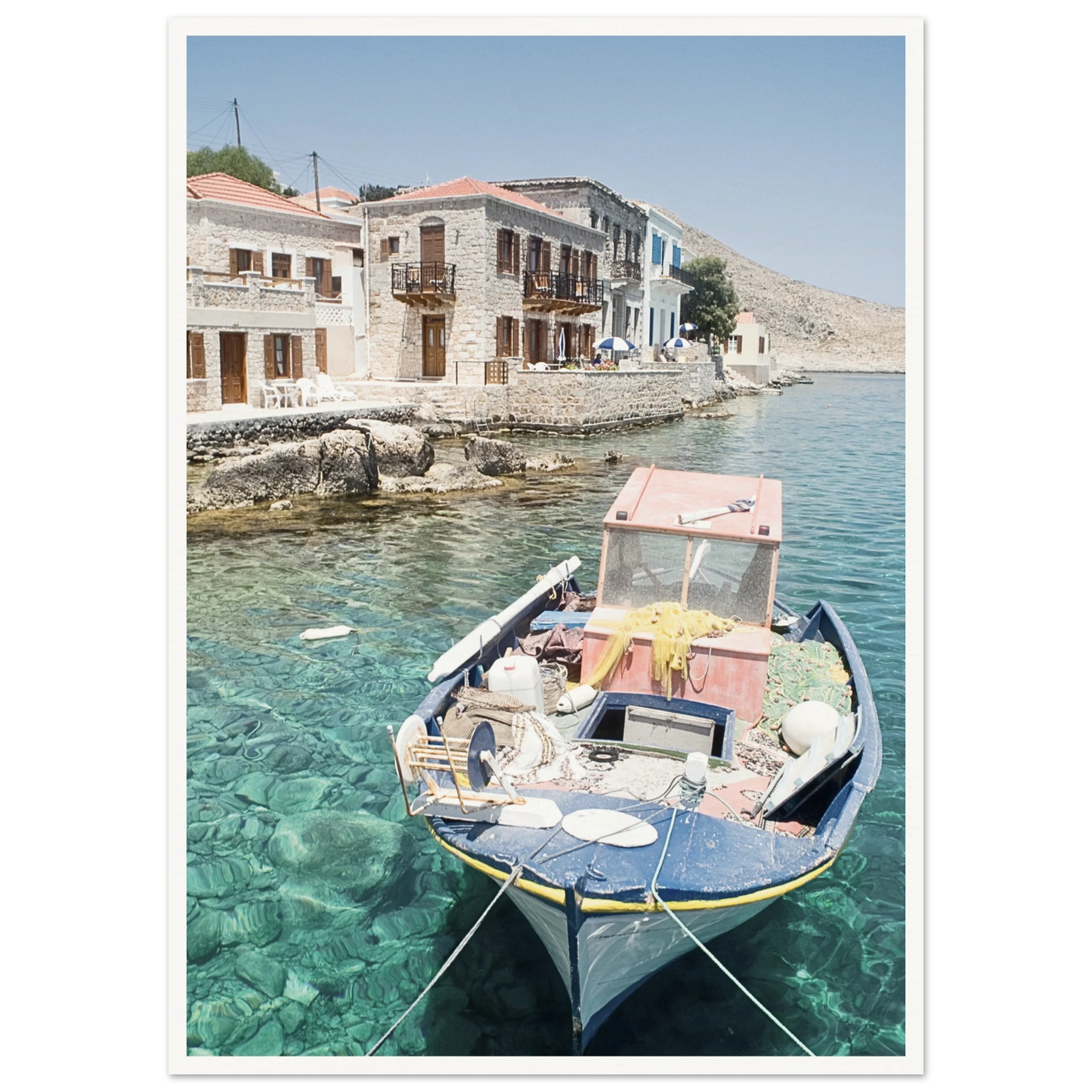 Shores of Crete Fishing Boat Poster 50x70 cm 20x28″ Border