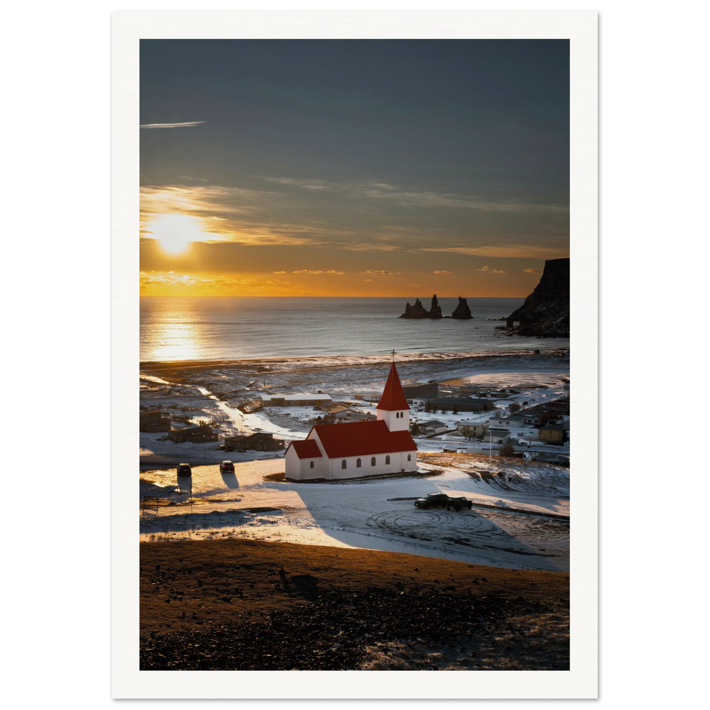 Vík í Mýrdal Red Roof Church Iceland Poster 21x29.7 cm 8x12" Border