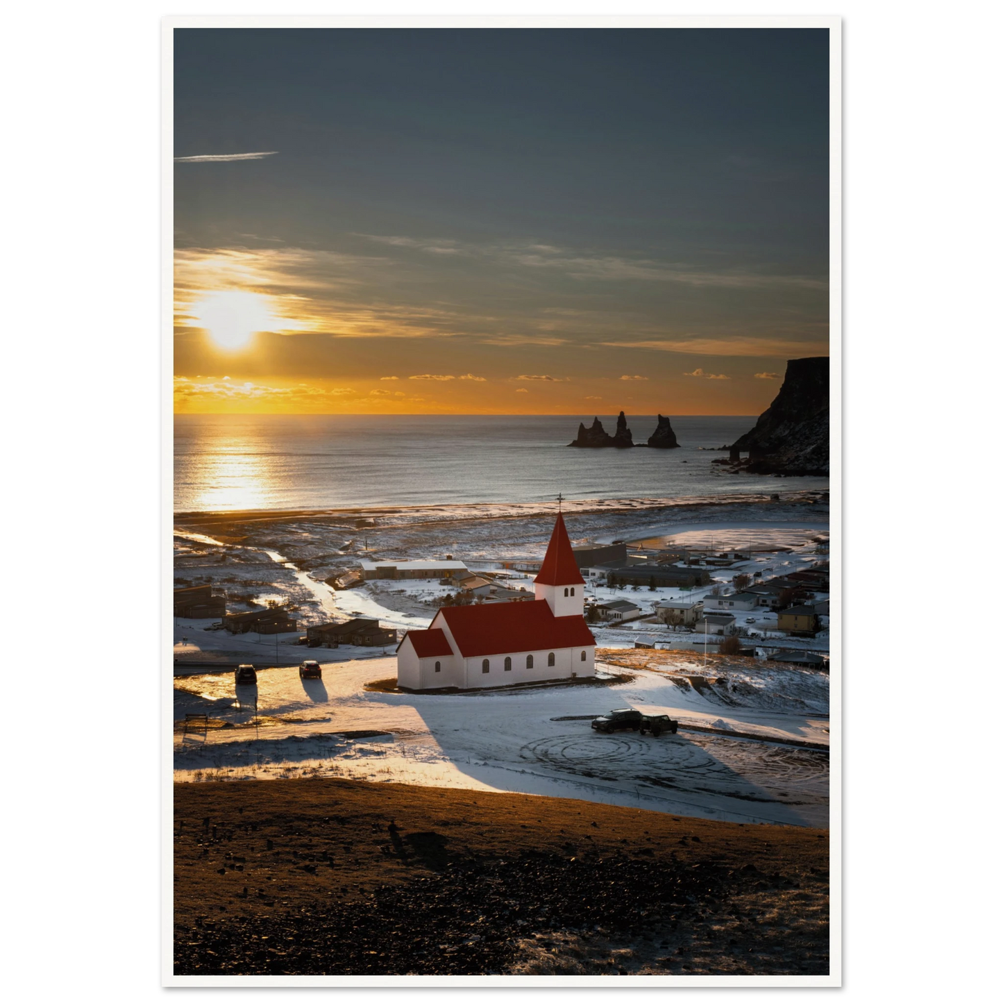 Vík í Mýrdal Red Roof Church Iceland Poster 70x100 cm 28x40″ Border