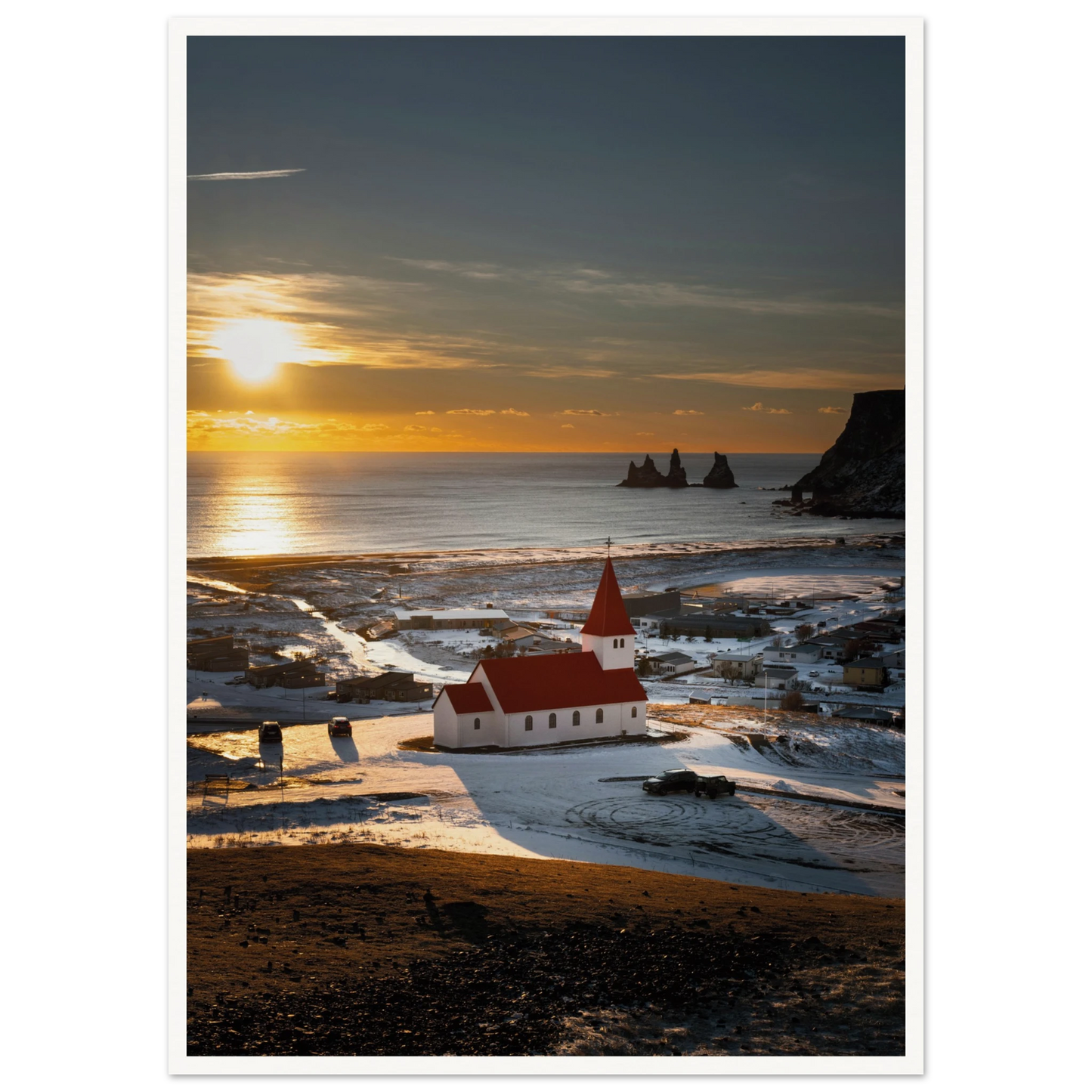 Vík í Mýrdal Red Roof Church Iceland Poster 50x70 cm 20x28″ Border